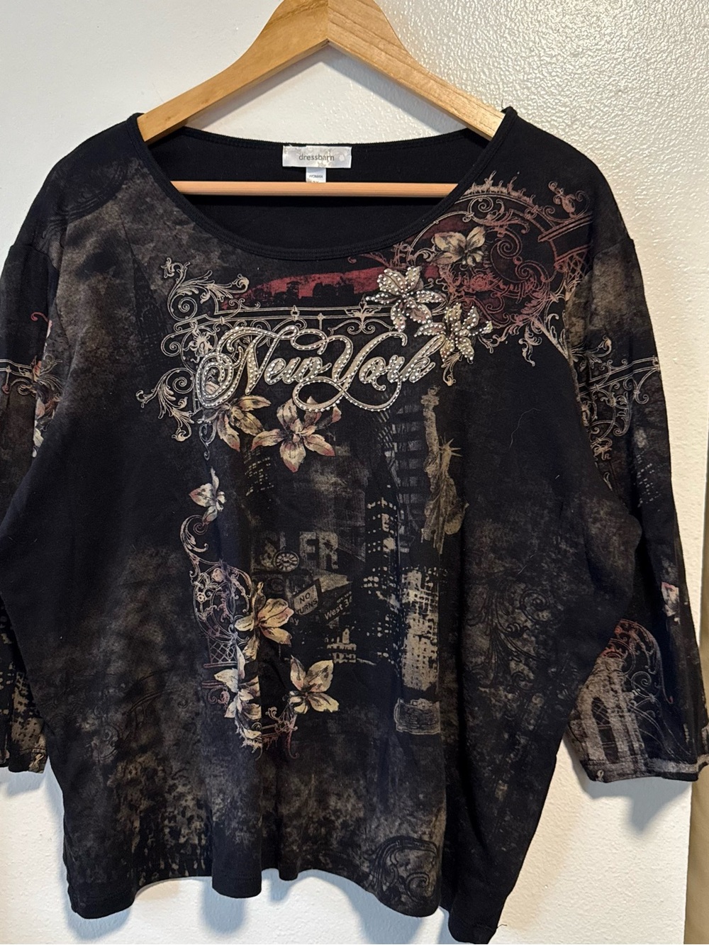 Y2K Dressbarn Black Floral Rhinestone Scoop Neck Top